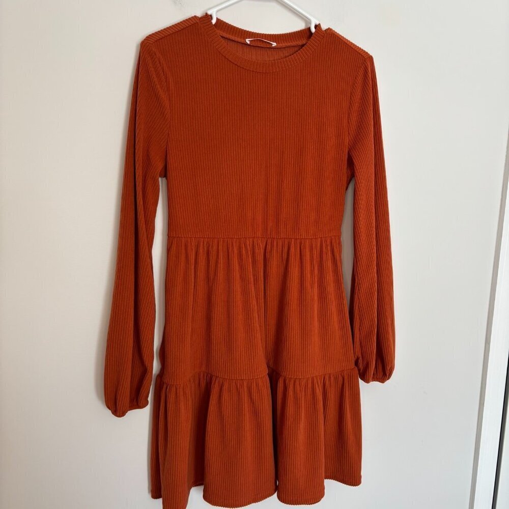 CUPSHE Bernadette Ribbed Tiered Mini Dress Womens M Orange Long Sleeve Soft - Picture 1 of 7